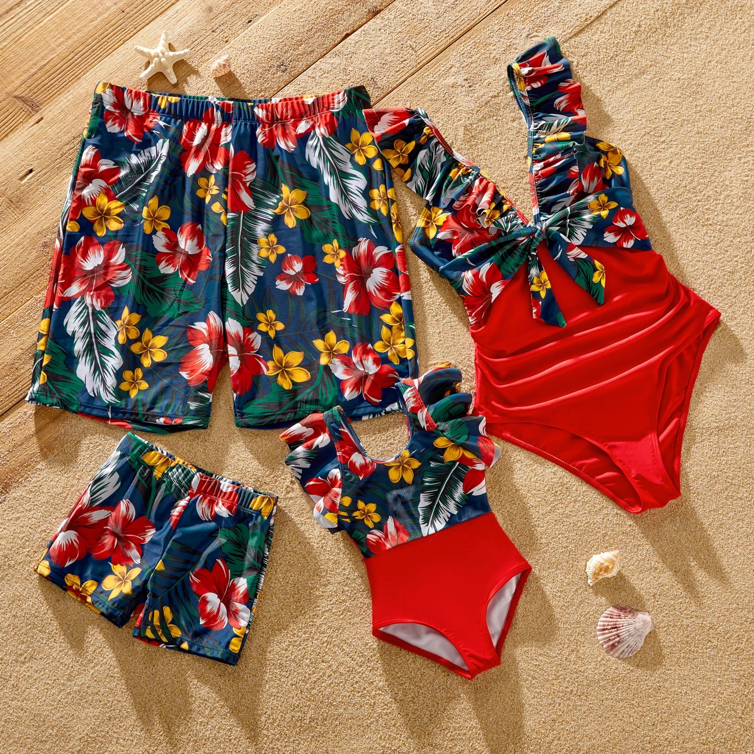 Family Matching Swimsuit Floral Print & Solid Spliced Ruffle Trim One-piece Swimsuit and Swim Trunks