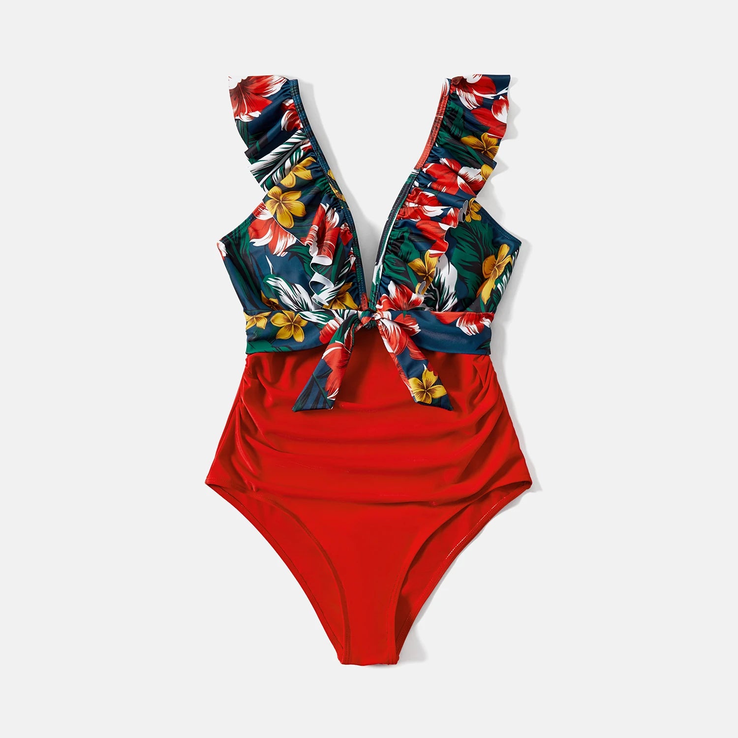 Family Matching Swimsuit Floral Print & Solid Spliced Ruffle Trim One-piece Swimsuit and Swim Trunks