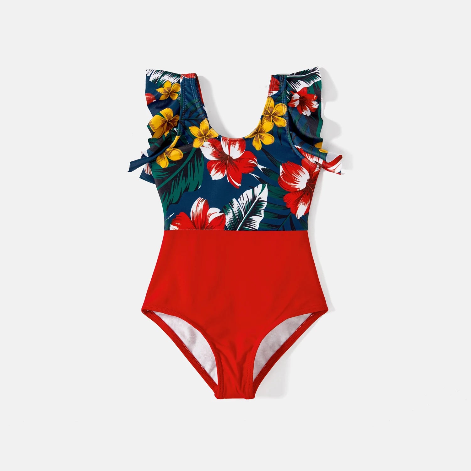 Family Matching Swimsuit Floral Print & Solid Spliced Ruffle Trim One-piece Swimsuit and Swim Trunks