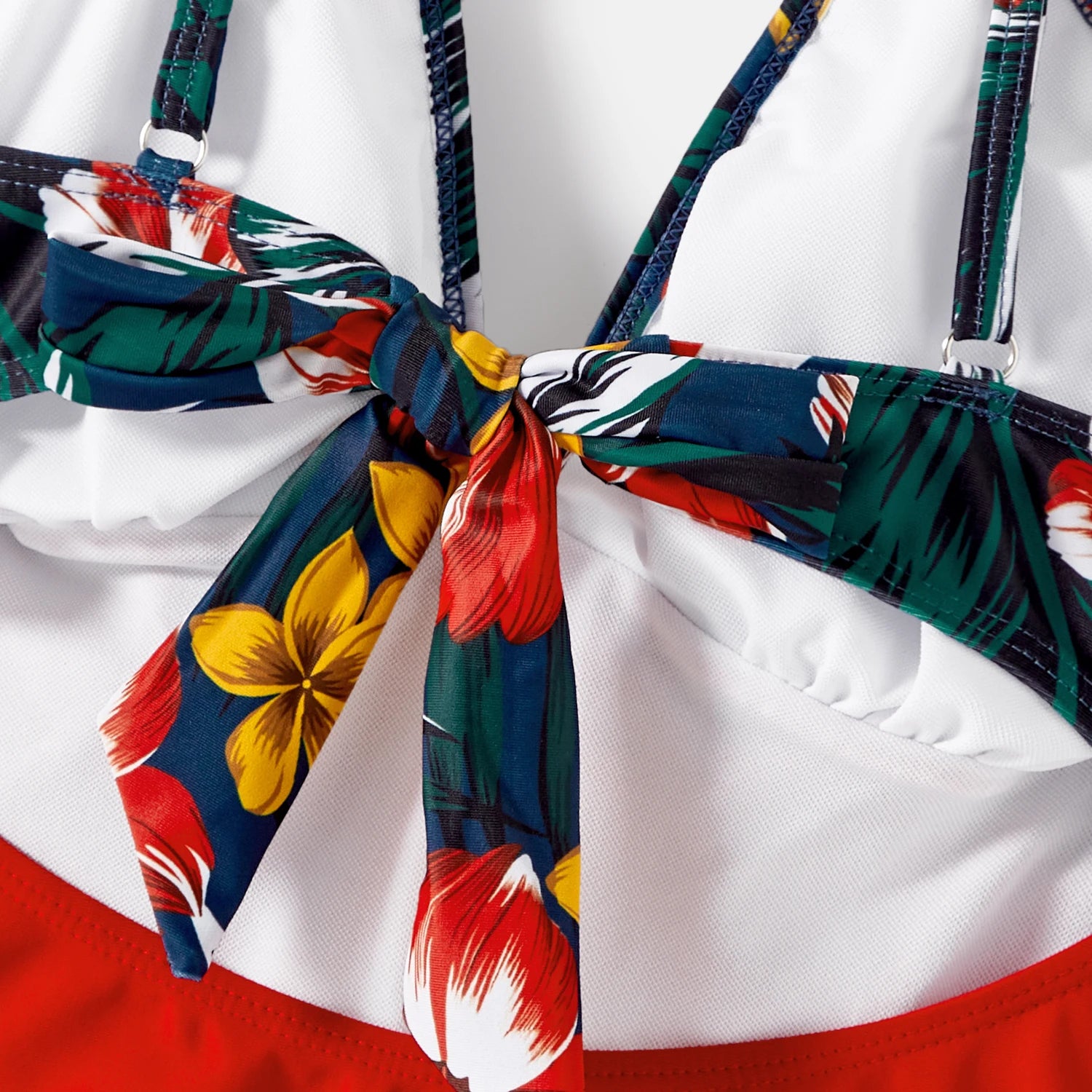 Family Matching Swimsuit Floral Print & Solid Spliced Ruffle Trim One-piece Swimsuit and Swim Trunks